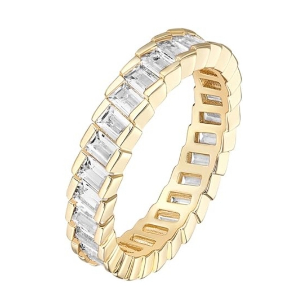 14K Gold Plated CZ Baguette Cut Eternity Bands Ring In Yellow Gold - Picture 5 of 6